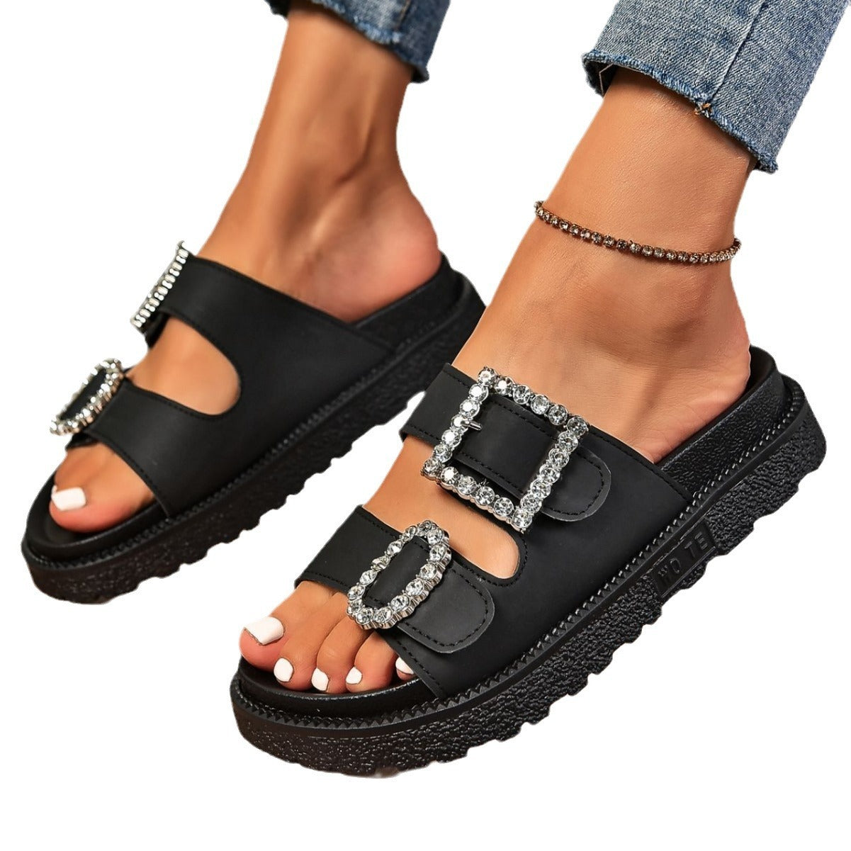 Rhinestone Accent Belt Buckle Platform Sandals