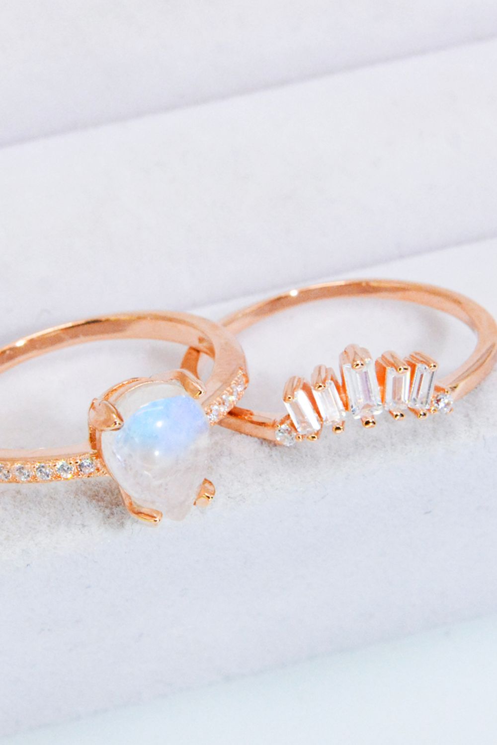 Natural Moonstone and Zircon 18K Rose Gold-Plated Two-Piece Ring Set