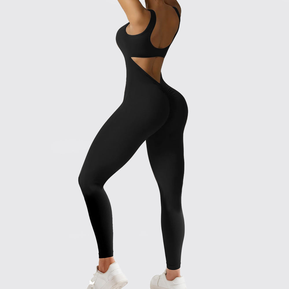 Womens Backless & Seamless Ruched Flare Yoga Jumpsuit