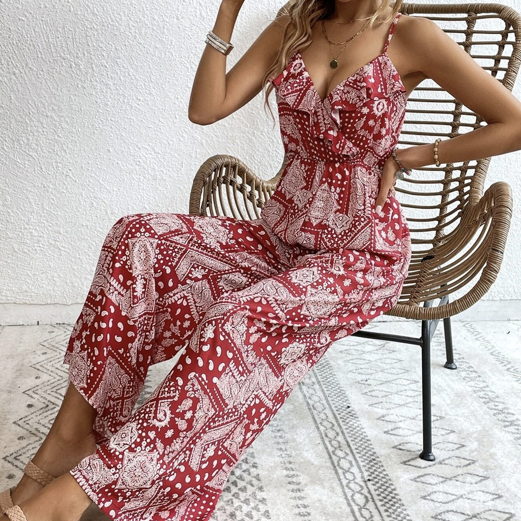 Women's Ruffle Edge Paisley Print Camisole Jumpsuit
