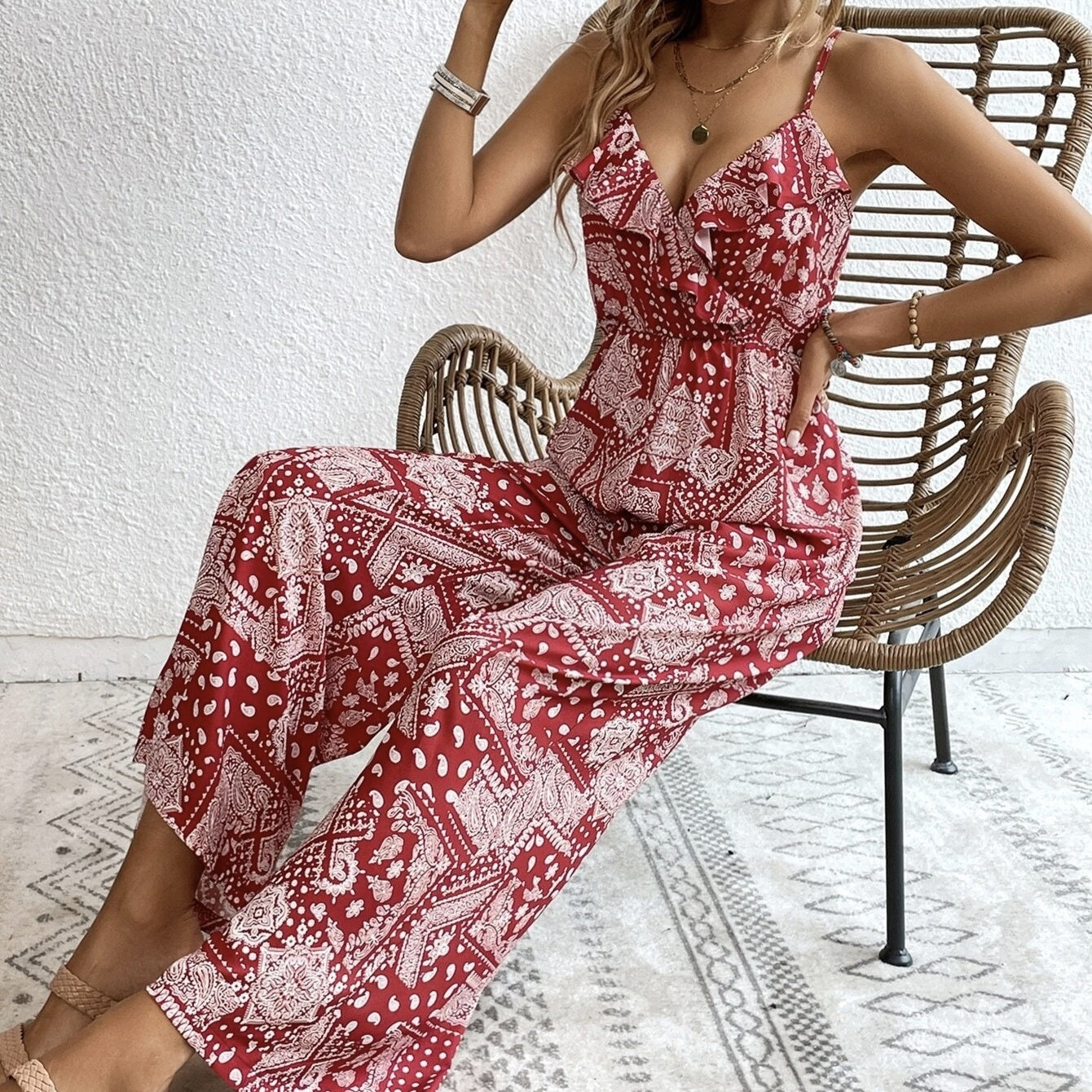 Women's Ruffle Edge Paisley Print Camisole Jumpsuit