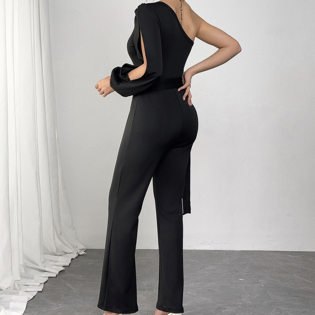 Sleek and Slimming Silhouette Black One-Shoulder Jumpsuit with Side Tie Detail