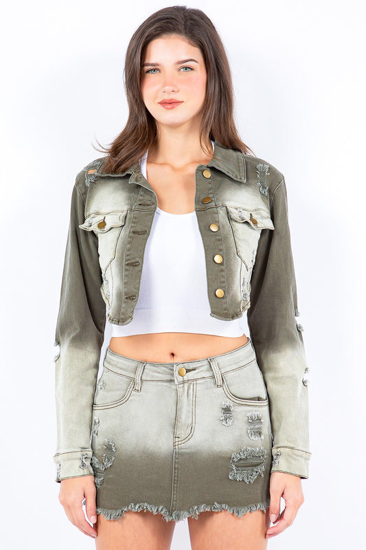 American Bazi Distressed Ombre Washed Cropped Denim Jacket