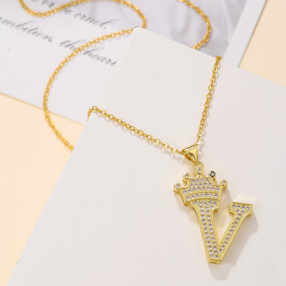 Gold Diamond Queen-City Crown Letter Necklace