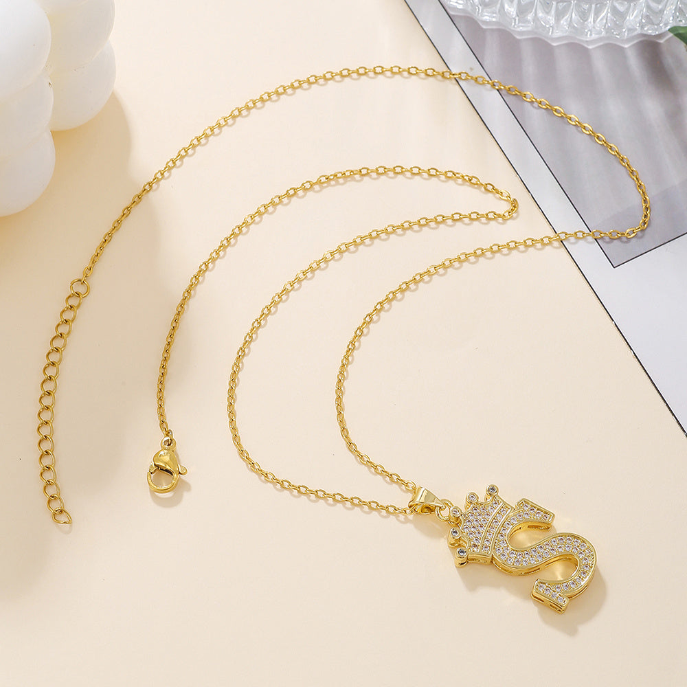 Gold Diamond Queen-City Crown Letter Necklace