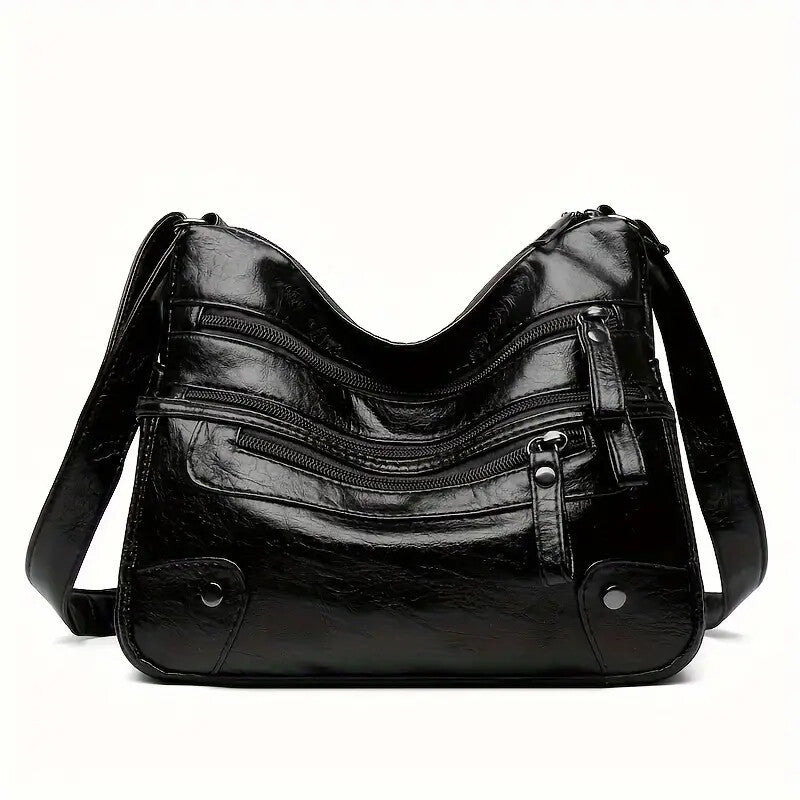 Womens Large Capacity Washed Leather Multi Zipper Messenger Bag