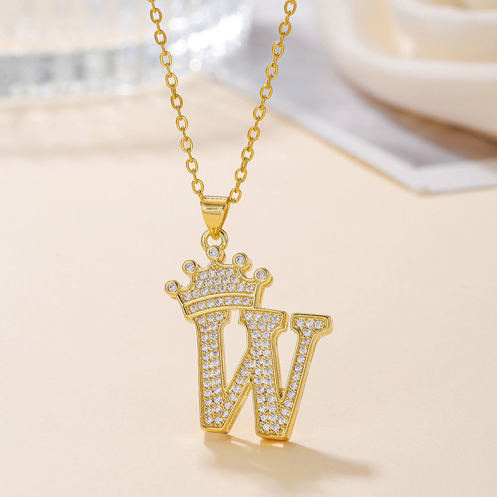Gold Diamond Queen-City Crown Letter Necklace
