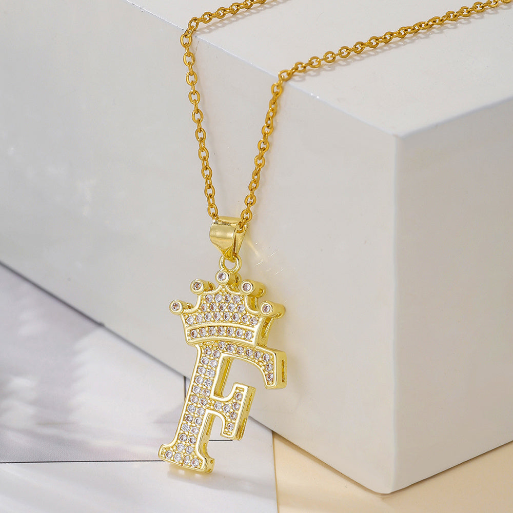 Gold Diamond Queen-City Crown Letter Necklace