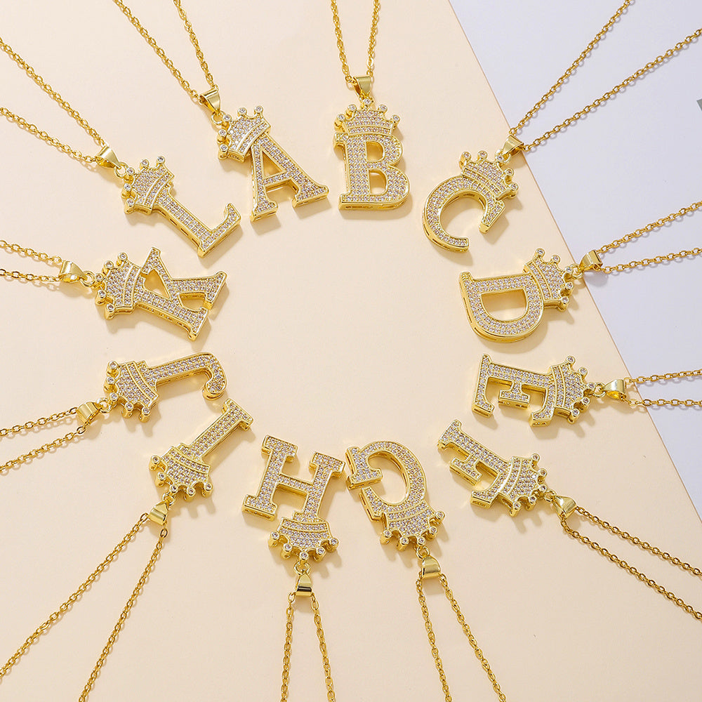 Gold Diamond Queen-City Crown Letter Necklace