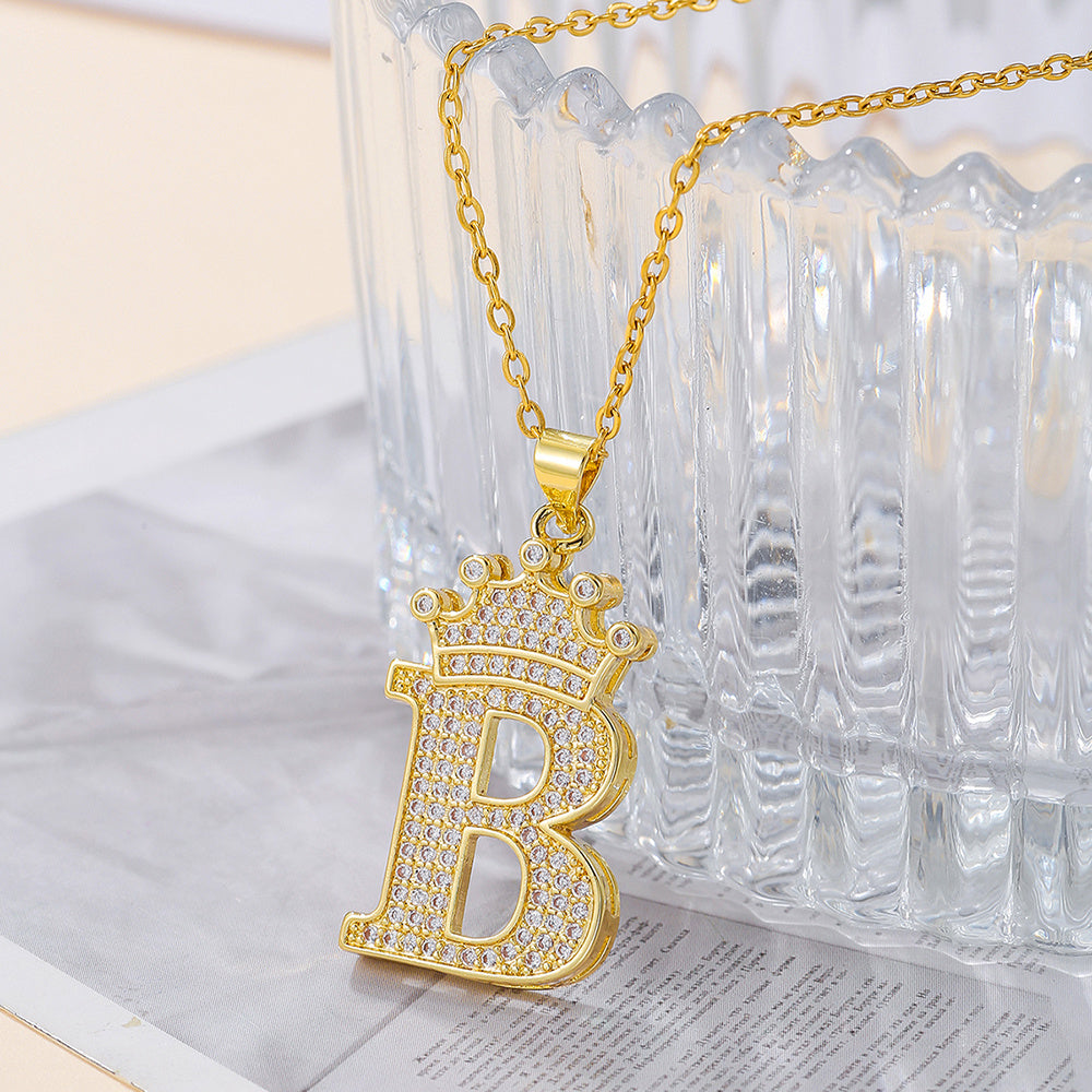 Gold Diamond Queen-City Crown Letter Necklace