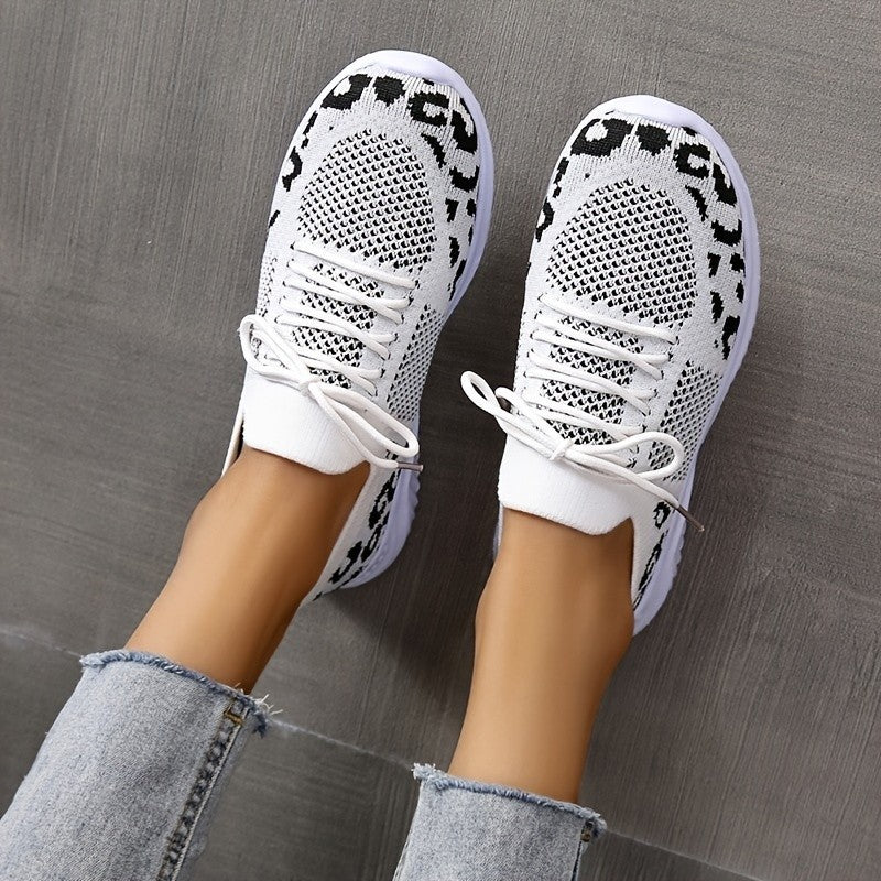 White Leopard Print Lace-up Sports Sneakers