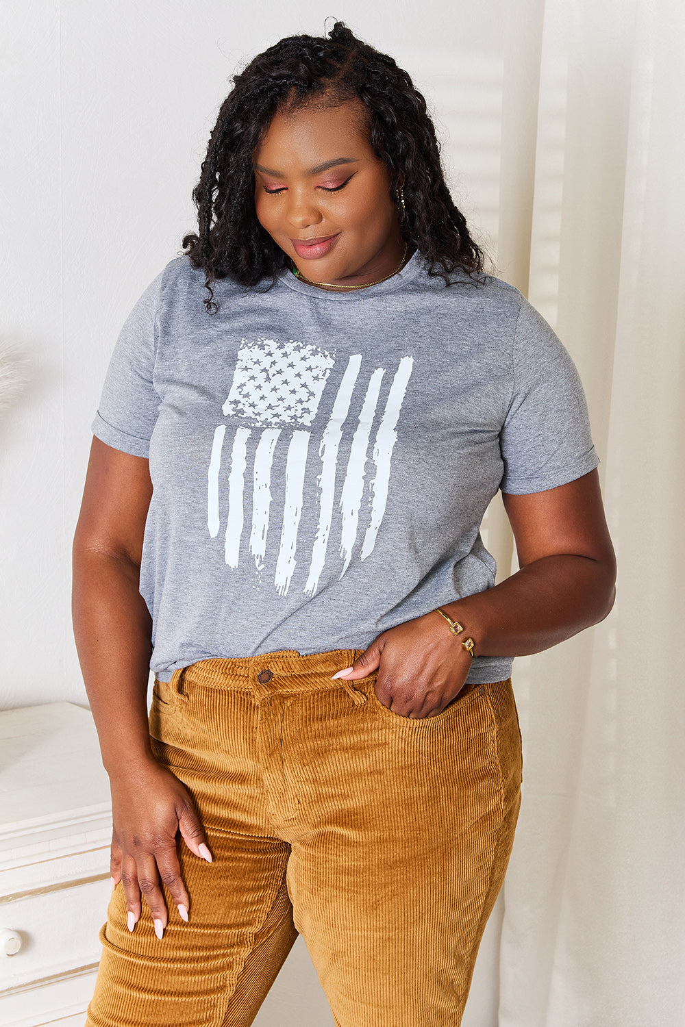 Simply Love US Flag Graphic Cuffed Sleeve T-Shirt