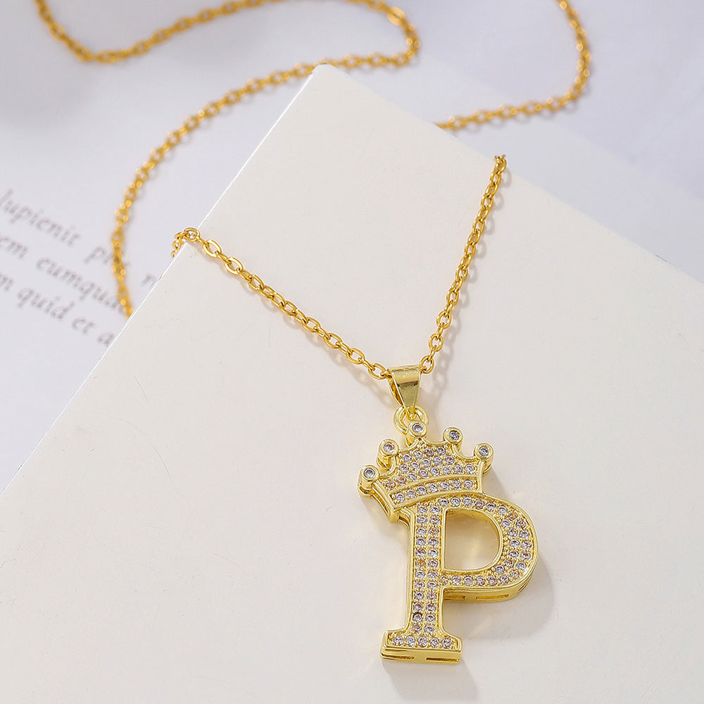 Gold Diamond Queen-City Crown Letter Necklace