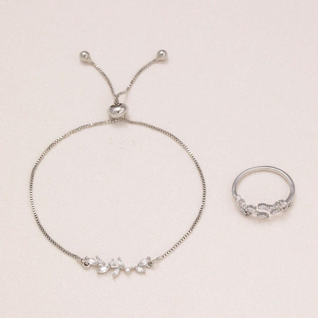 2pcs Silver Horse Eye Crystal Zircon Fashion Leaf Bracelet And Ring Set