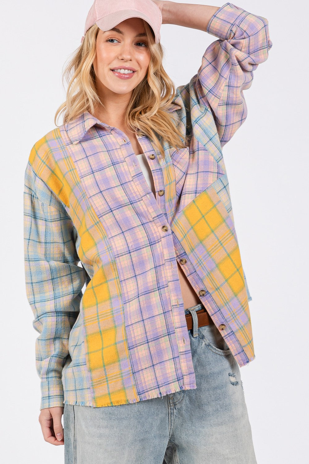 SAGE + FIG Button Up Raw Hem  Plaid Flannel Shirt