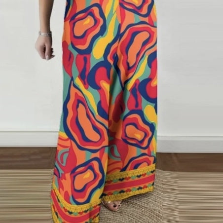 Women's V-Neck Colorful Art-Inspired Printed Casual & Chic Jumpsuit