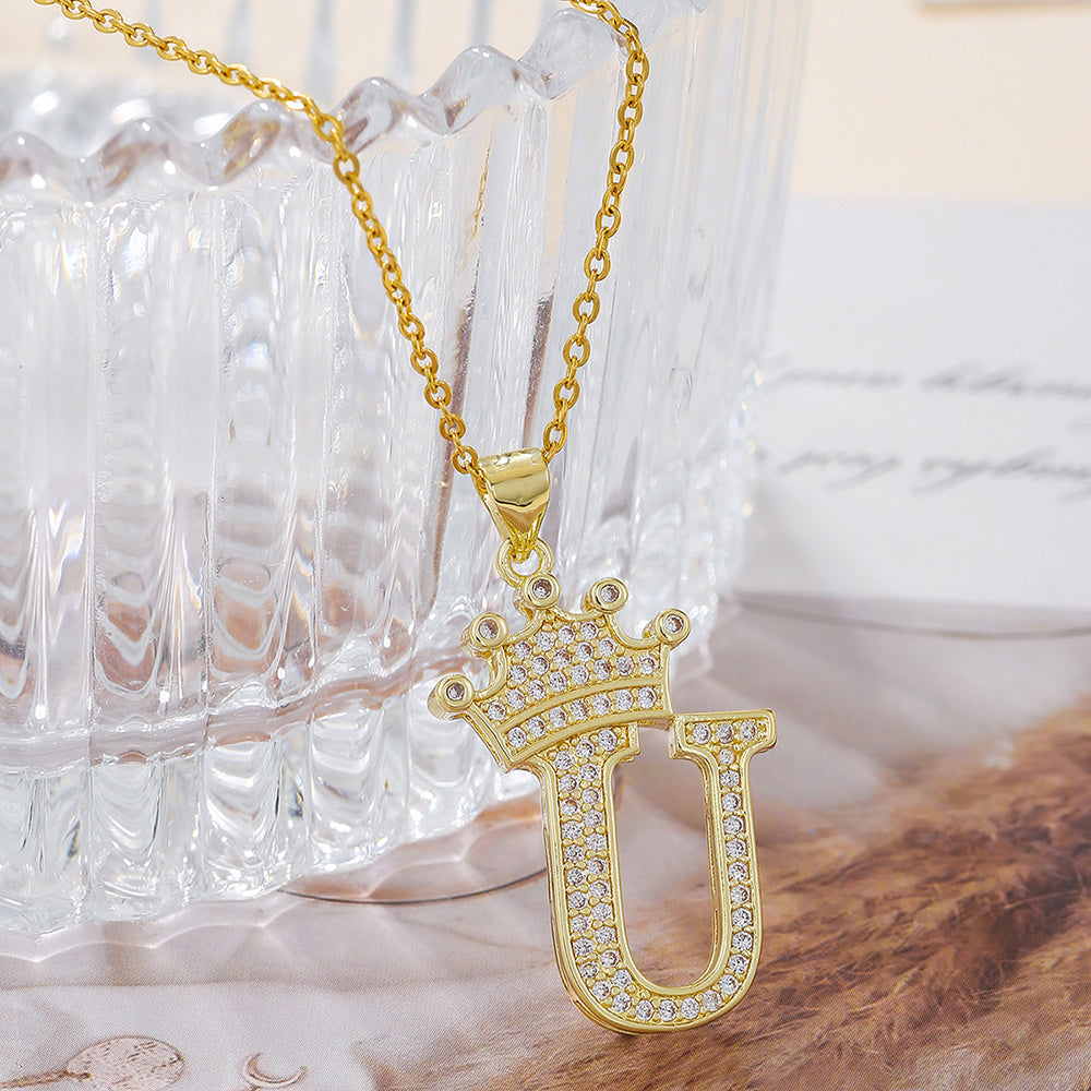 Gold Diamond Queen-City Crown Letter Necklace