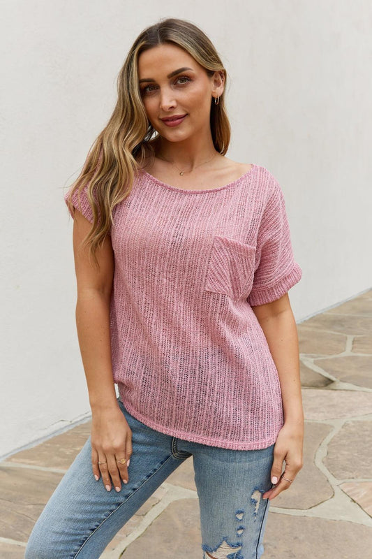 e.Luna Full Size Chunky Knit Short Sleeve Top in Mauve - Glamorous Boutique USA L.L.C.