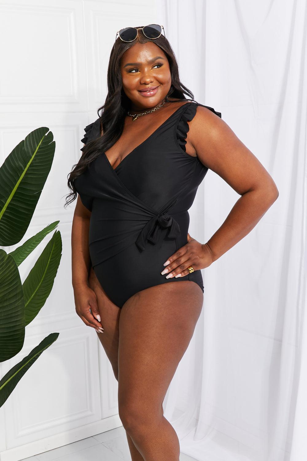 Marina West Swim Full Size Float On Ruffle Faux Wrap One-Piece in Black - Glamorous Boutique USA L.L.C.