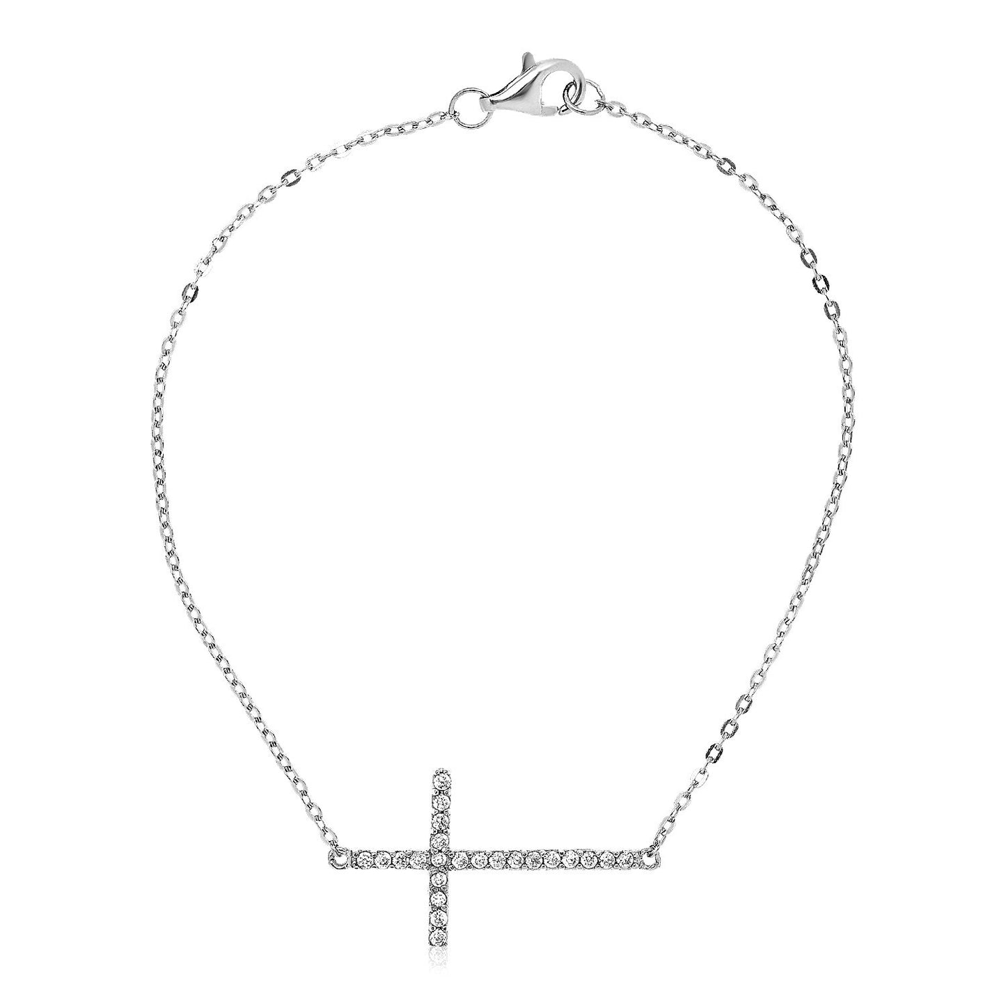 Size: 7'' - Sterling Silver Cross Bracelet with Cubic Zirconias