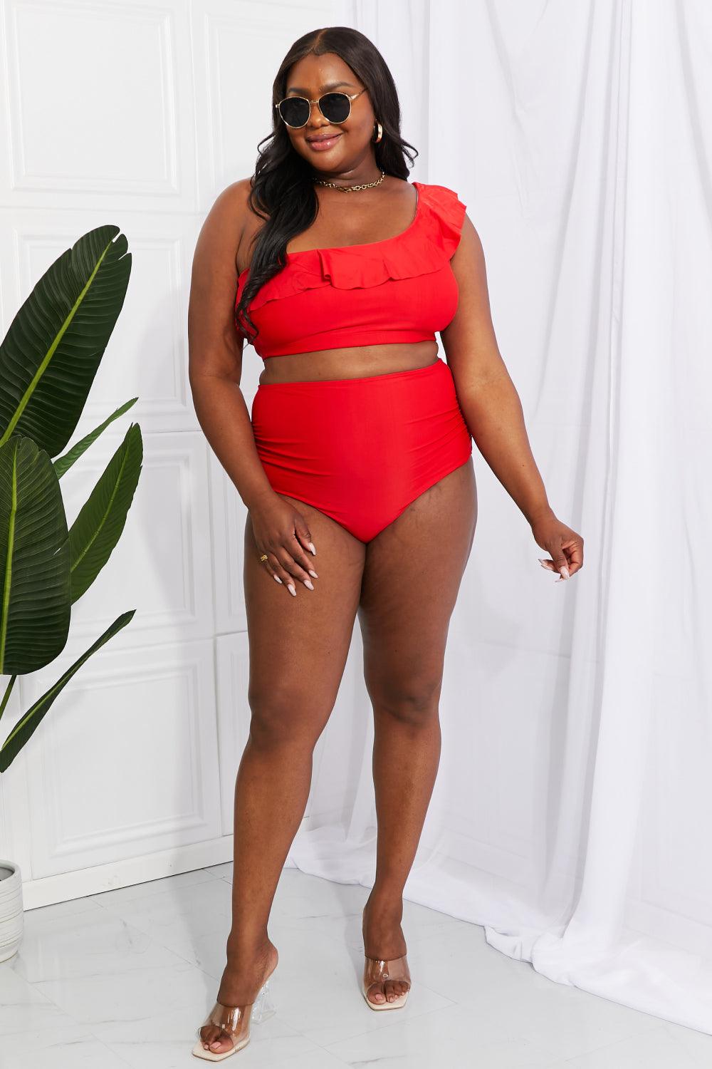 Marina West Swim Seaside Romance Ruffle One-Shoulder Bikini in Red - Glamorous Boutique USA L.L.C.