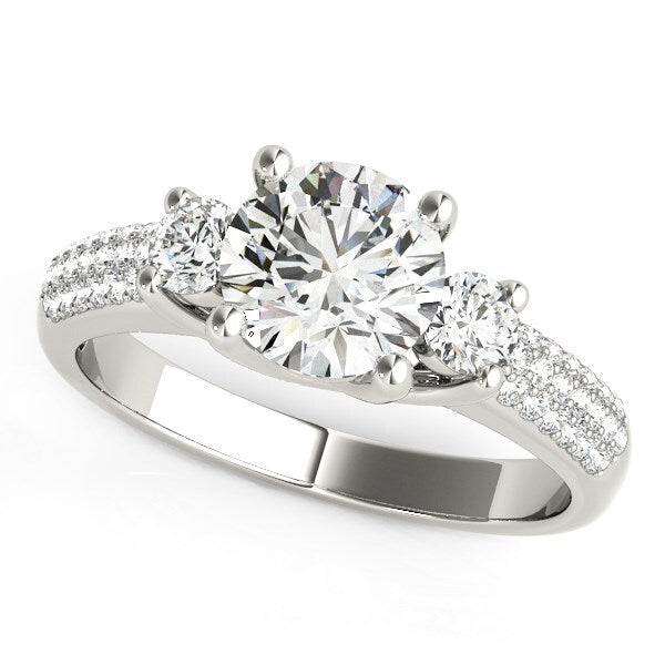 Size: 7.5 - 14k White Gold 3 Stone Pave Set Band Diamond Engagement Ring (1 7/8 cttw)
