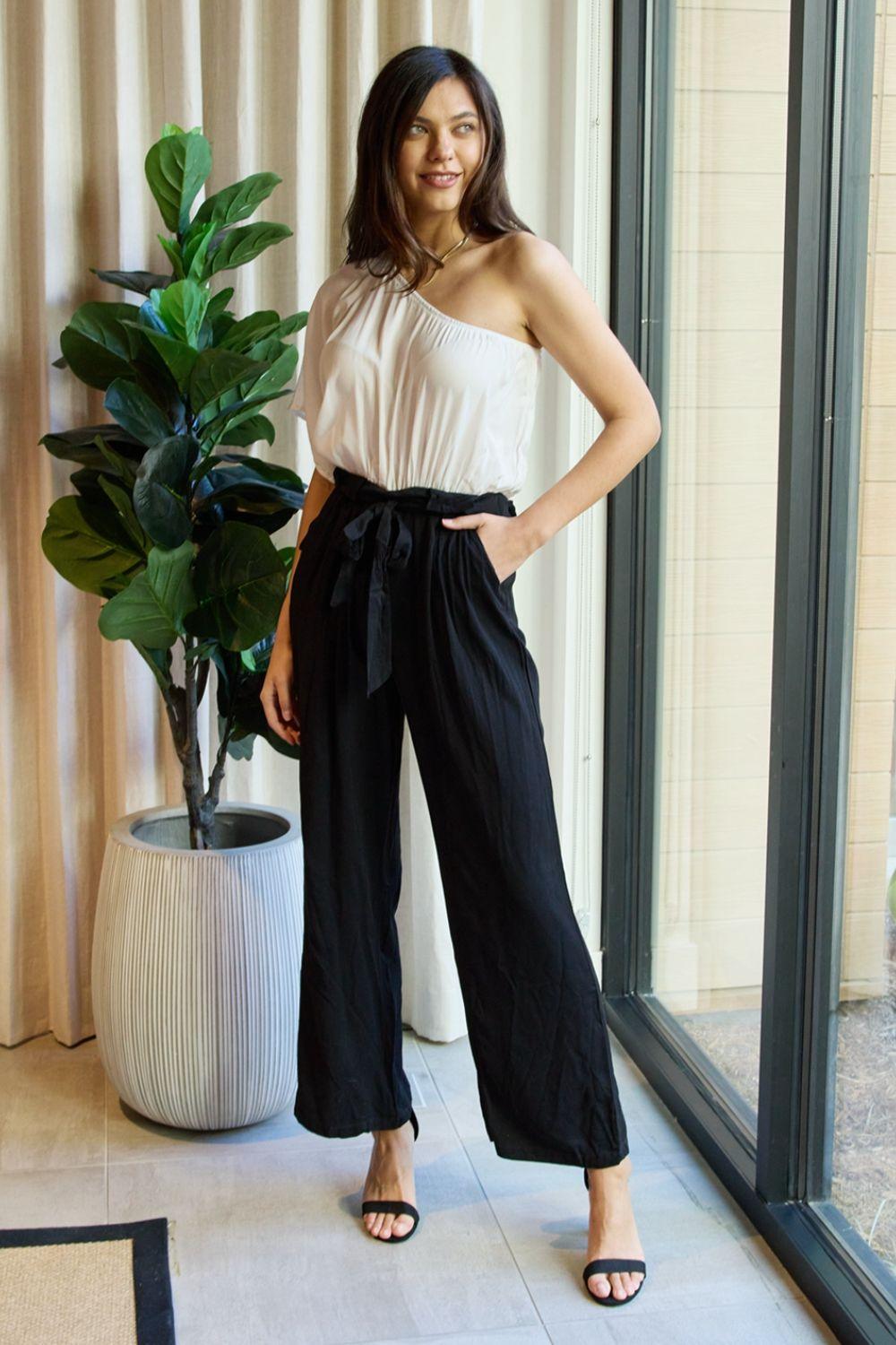 Dress Day Marvelous in Manhattan One-Shoulder Jumpsuit in White/Black - Glamorous Boutique USA L.L.C.