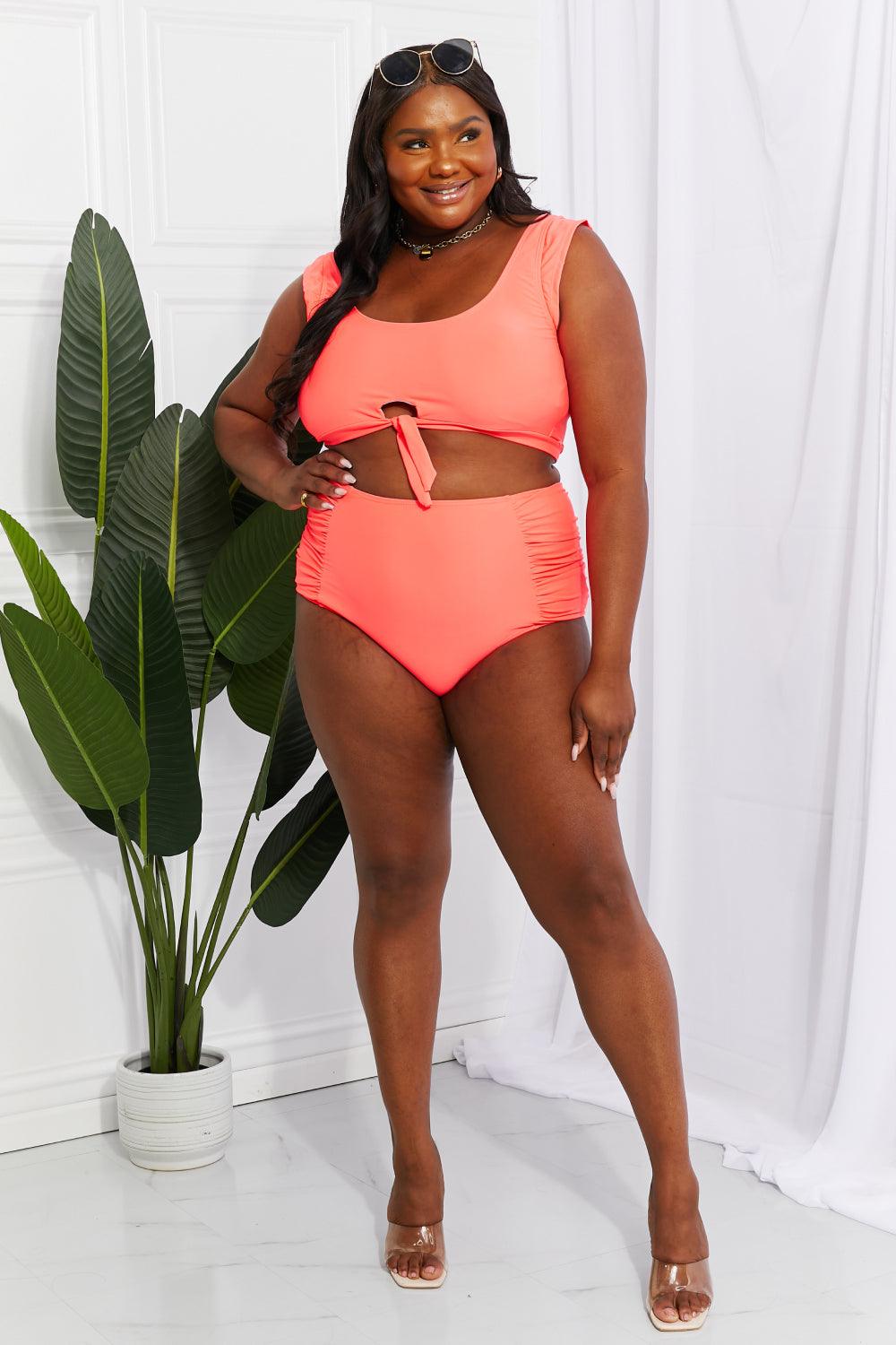 Marina West Swim Sanibel Crop Swim Top and Ruched Bottoms Set in Coral - Glamorous Boutique USA L.L.C.