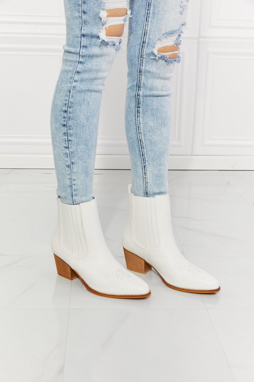 MMShoes Love the Journey Stacked Heel Chelsea Boot in White - Glamorous Boutique USA L.L.C.