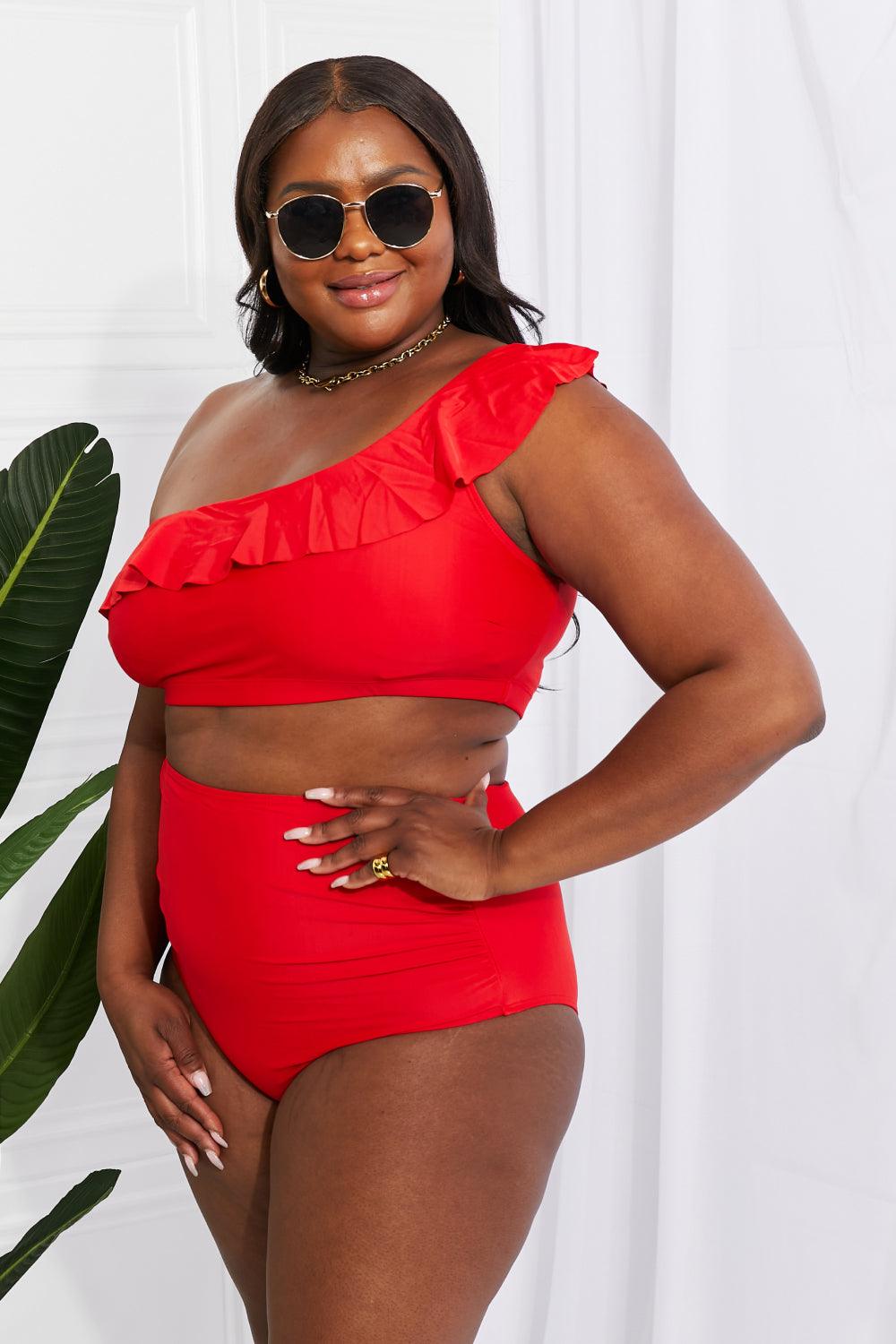 Marina West Swim Seaside Romance Ruffle One-Shoulder Bikini in Red - Glamorous Boutique USA L.L.C.