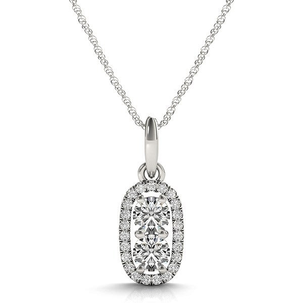 Size: 18'' - Outer Oval Shaped Two Stone Diamond Pendant in 14k White Gold (5/8 cttw)