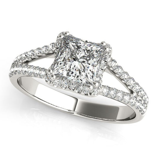 Size: 7 - 14k White Gold Princes Cut Halo Split Shank Diamond Engagement Ring (2 cttw)