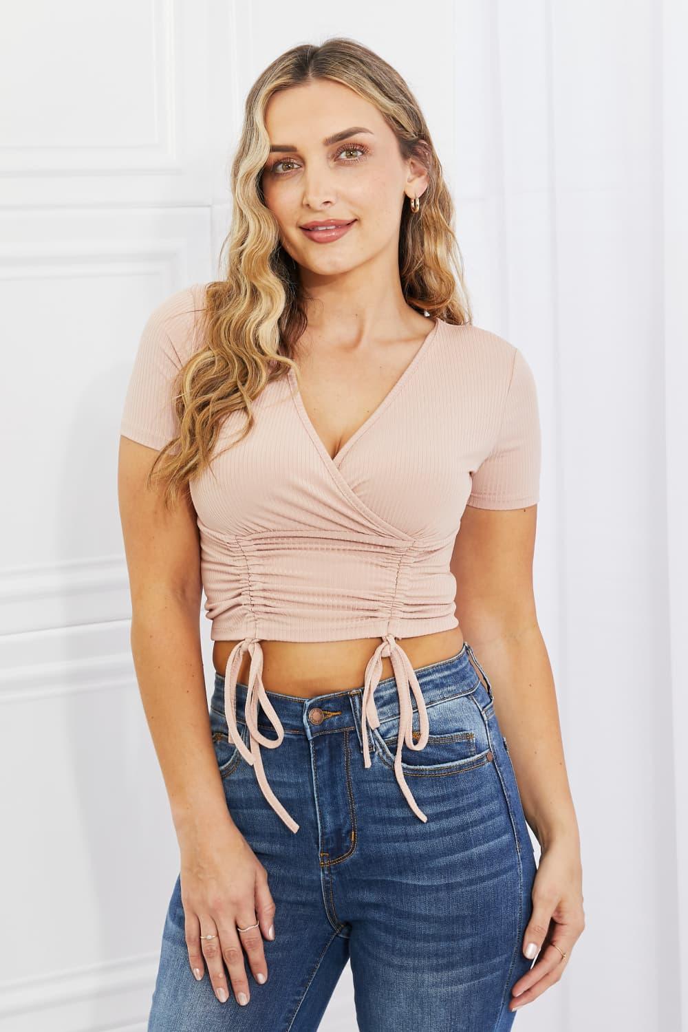 Capella Back To Simple Full Size Ribbed Front Scrunched Top in Blush - Glamorous Boutique USA L.L.C.