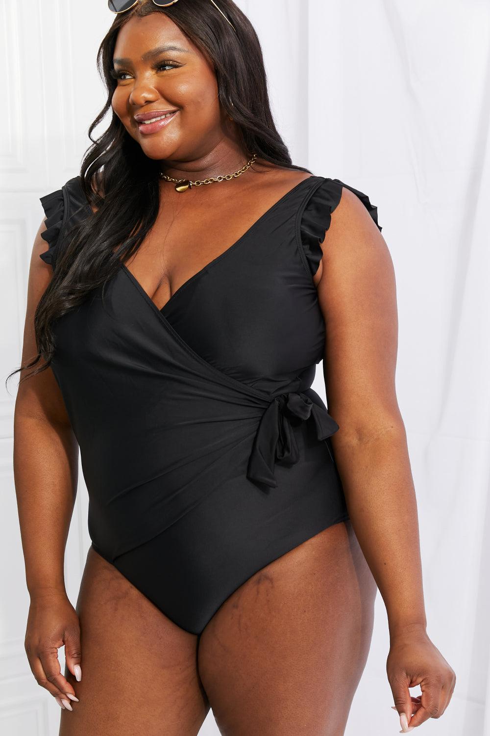 Marina West Swim Full Size Float On Ruffle Faux Wrap One-Piece in Black - Glamorous Boutique USA L.L.C.
