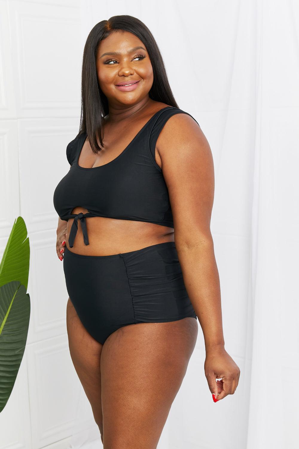 Marina West Swim Sanibel Crop Swim Top and Ruched Bottoms Set in Black - Glamorous Boutique USA L.L.C.