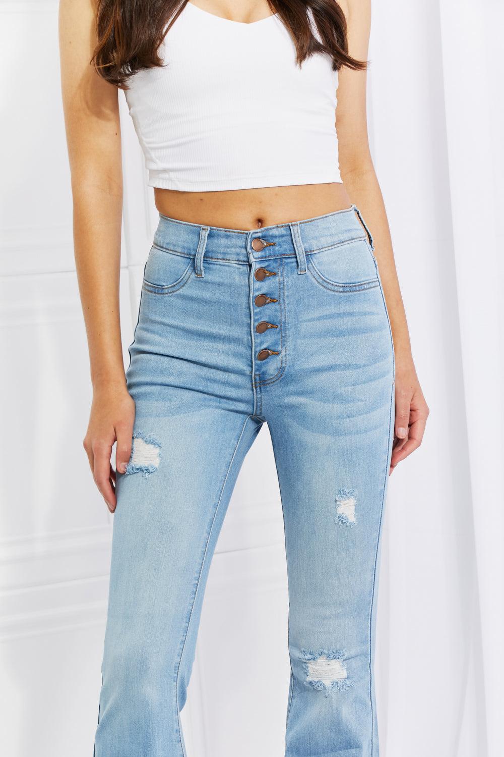 Vibrant MIU Full Size Jess Button Flare Jeans - Glamorous Boutique USA L.L.C.