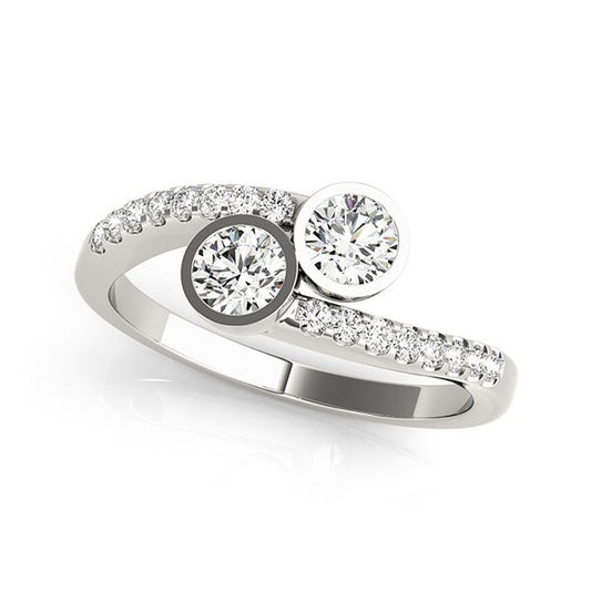 Size: 6 - 14k White Gold Round Bezel Setting Two Stone Diamond Ring (5/8 cttw)