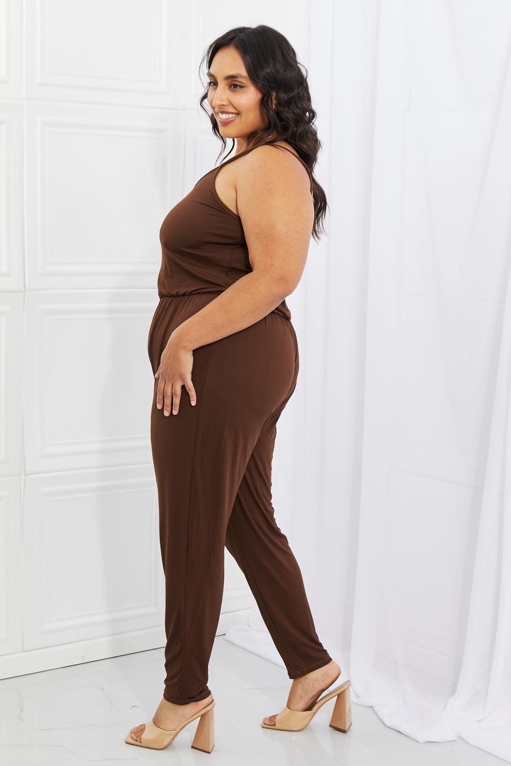 Capella Comfy Casual Full Size Solid Elastic Waistband Jumpsuit in Chocolate - Glamorous Boutique USA L.L.C.