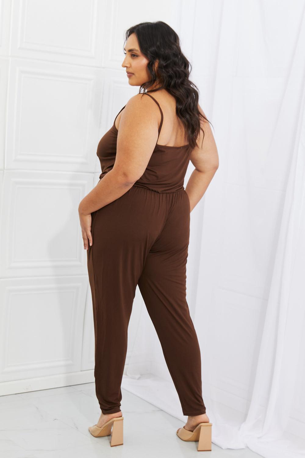 Capella Comfy Casual Full Size Solid Elastic Waistband Jumpsuit in Chocolate - Glamorous Boutique USA L.L.C.