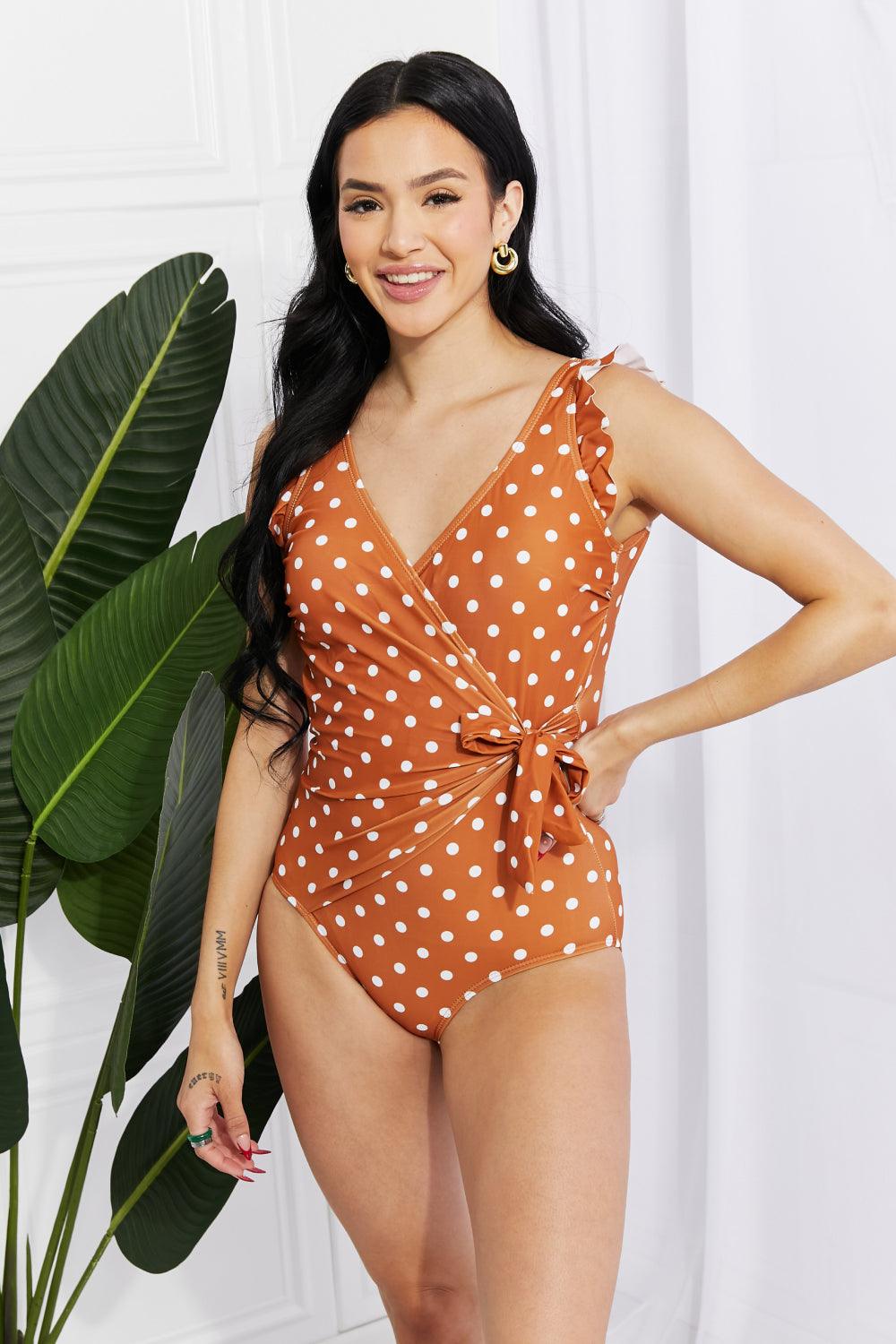 Marina West Swim Full Size Float On Ruffle Faux Wrap One-Piece in Terracotta - Glamorous Boutique USA L.L.C.