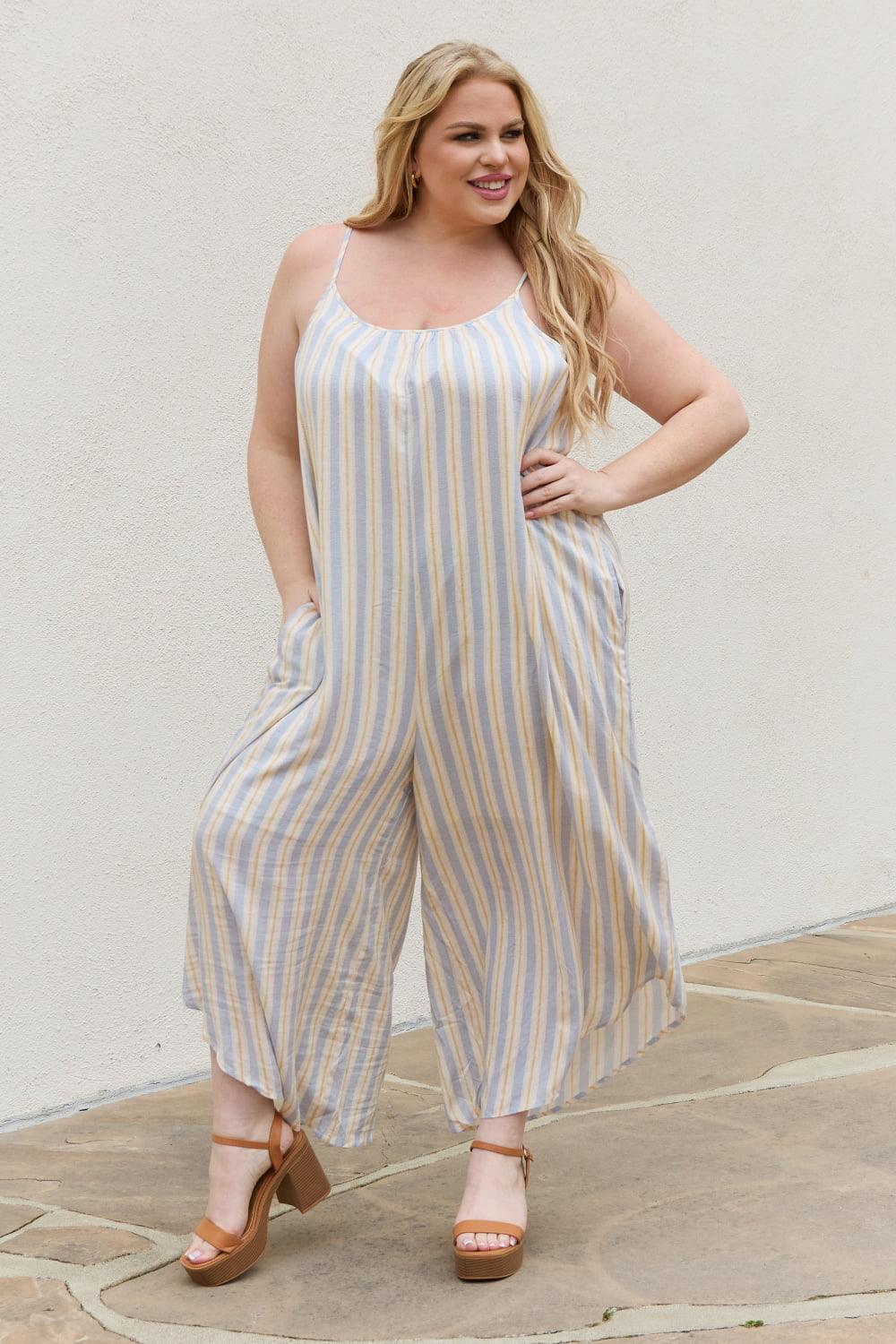 HEYSON Full Size Multi Colored Striped Jumpsuit with Pockets - Glamorous Boutique USA L.L.C.