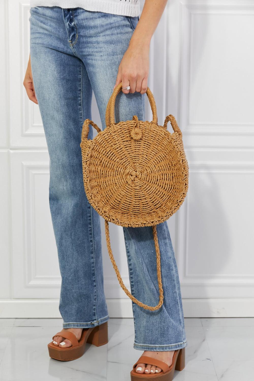Justin Taylor Feeling Cute Rounded Rattan Handbag in Camel - Glamorous Boutique USA L.L.C.