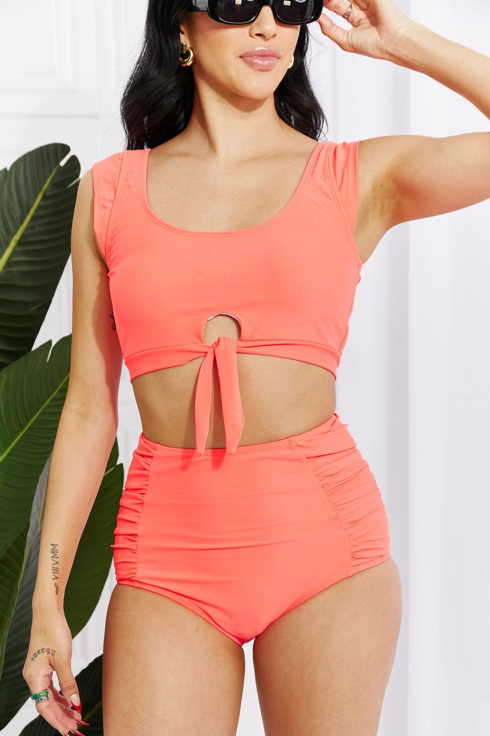 Marina West Swim Sanibel Crop Swim Top and Ruched Bottoms Set in Coral - Glamorous Boutique USA L.L.C.