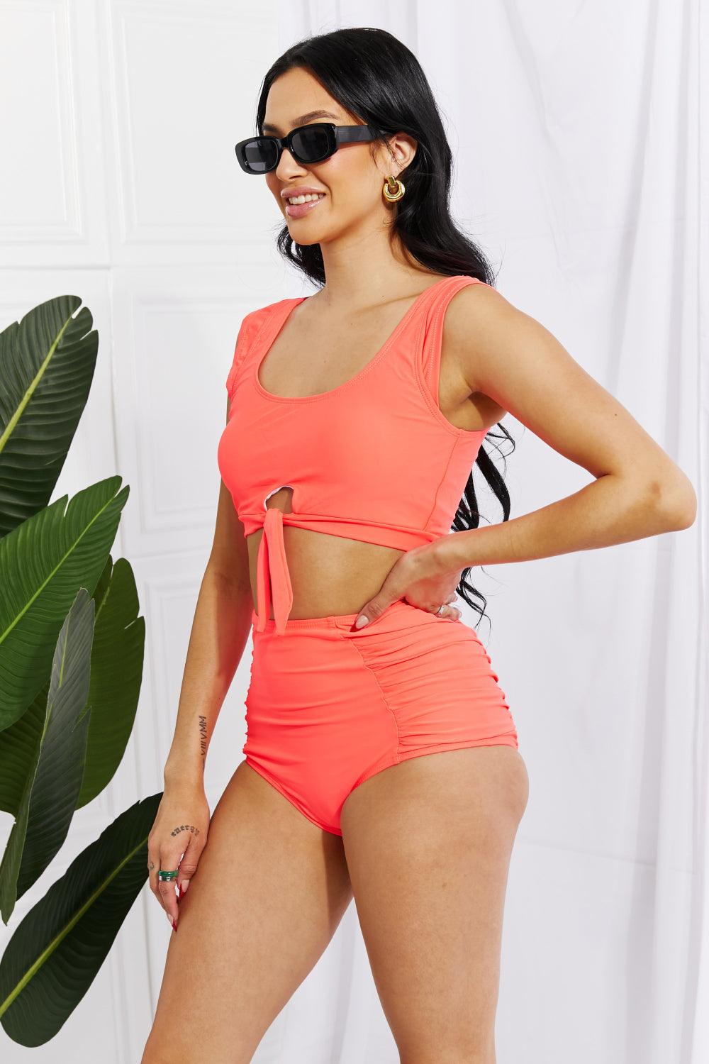 Marina West Swim Sanibel Crop Swim Top and Ruched Bottoms Set in Coral - Glamorous Boutique USA L.L.C.