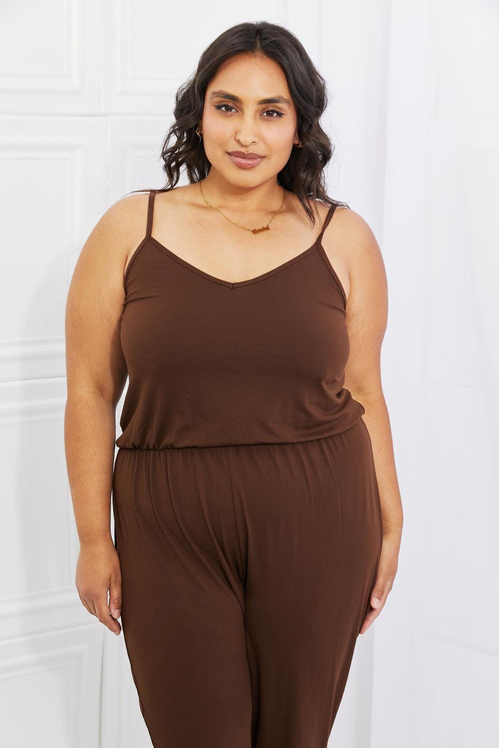 Capella Comfy Casual Full Size Solid Elastic Waistband Jumpsuit in Chocolate - Glamorous Boutique USA L.L.C.