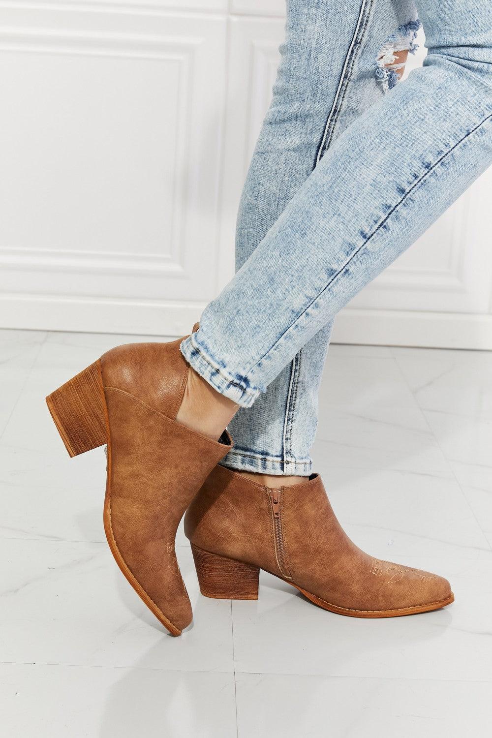 MMShoes Trust Yourself Embroidered Crossover Cowboy Bootie in Caramel - Glamorous Boutique USA L.L.C.