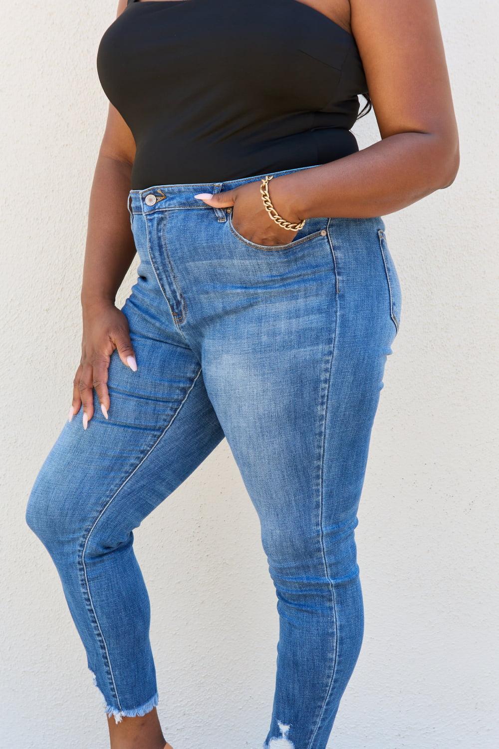 Kancan Lindsay Full Size Raw Hem High Rise Skinny Jeans - Glamorous Boutique USA L.L.C.