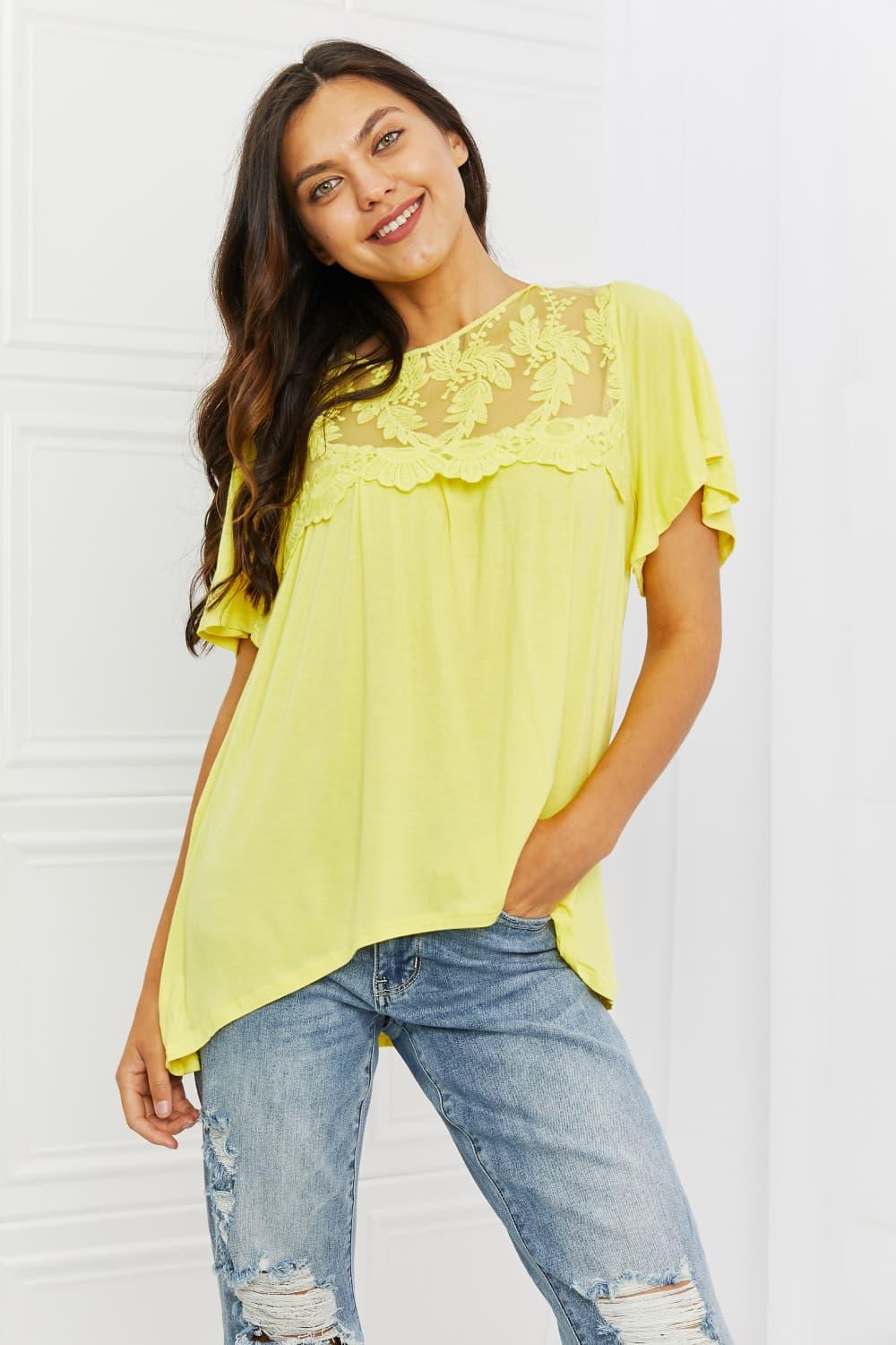 Culture Code Ready To Go Full Size Lace Embroidered Top in Yellow Mousse - Glamorous Boutique USA L.L.C.
