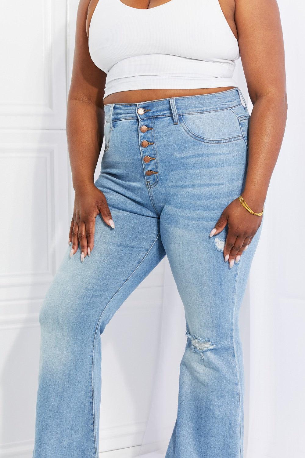 Vibrant MIU Full Size Jess Button Flare Jeans - Glamorous Boutique USA L.L.C.