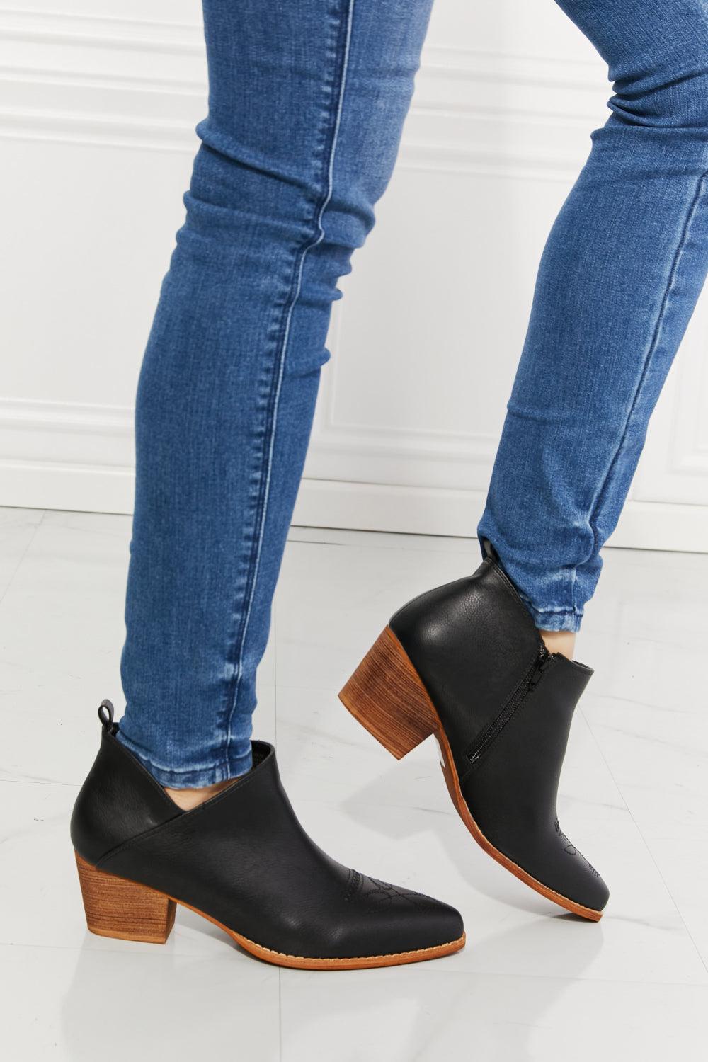 MMShoes Trust Yourself Embroidered Crossover Cowboy Bootie in Black - Glamorous Boutique USA L.L.C.